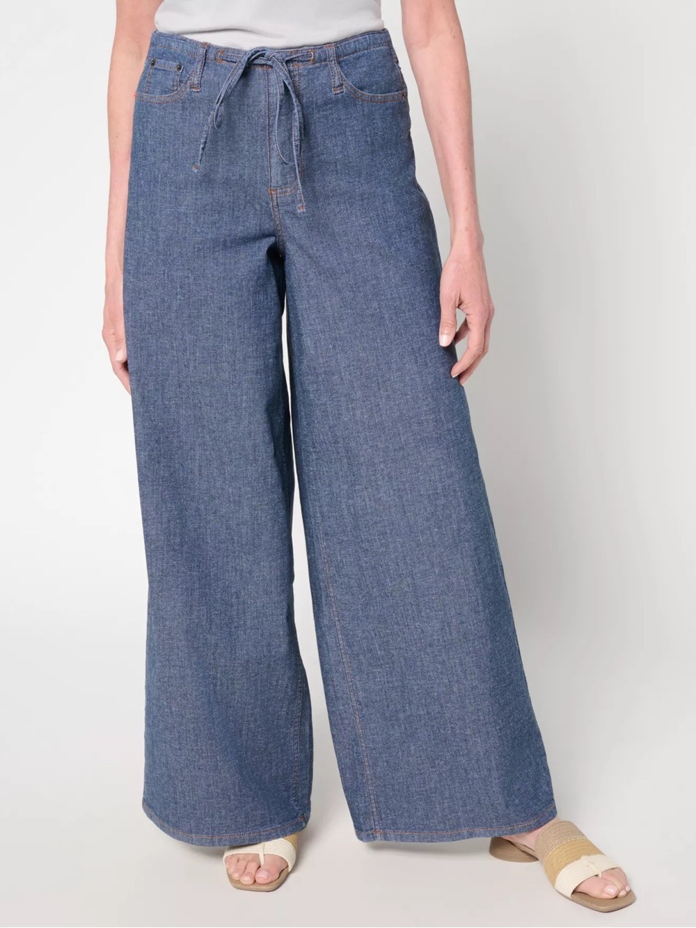 Peace Love World wide leg denim drawstring and zipper waist pants